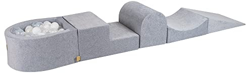 MEOWBABY Schaumstoff Bausteine Kinder - Bausteine XXL aus Schaumstoff mit Bällebad und 100 Bälle für Kinder - Baby Softbausteine zum Klettern, Samt, Hellgrau