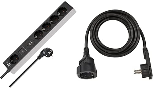 Brennenstuhl Steckdosenleiste 5-Fach mit USB C Power Delivery und 2 USB 2,4 A & Brennenstuhl Qualitäts-Kunststoff-Verlängerungskabel mit Flachstecker (flach für innen mit 3m Kabel) schwarz
