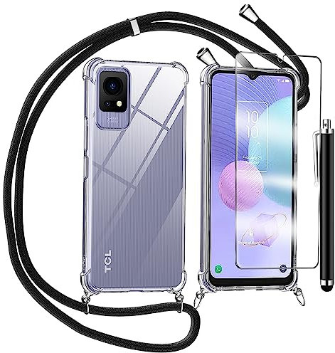 TTSWJBD Cover per TCL 405 / TCL 406 / TCL 408 e Vetro Temperato Custodia con Cordino Silicone Trasparente Morbida Cover Cellulare Girocollo Collana Necklace Protettiva Bumper Antiurto TPU Case, Nero