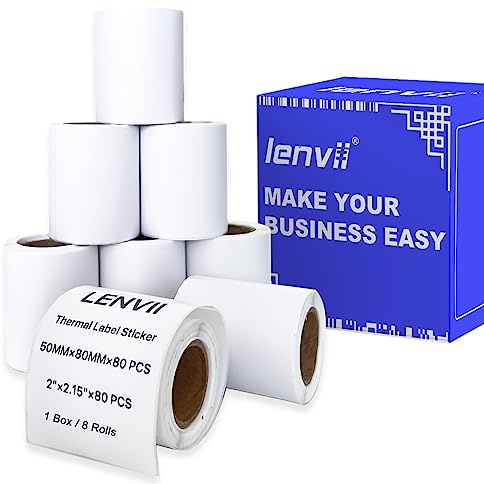 LENVII 50mm x 80mm Étiquettes Thermiques,2 x 3.15 pouces Labels Sticker,Résistantes à l'eau/à l'huile/au frottement pour imprimantes d'étiquettes portables et de bureau(1 rouleau 80 pièces/8 rouleaux)
