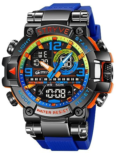 FORSINING Modische bunte Herren-Sportuhr, LED-Digital-Militär-Uhren, 50 m wasserdicht, lässig, analog, Quarz-Armbanduhr, Dual-Display, Silikonband, blau, Armband
