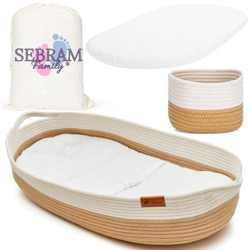 SEBRAM Wickelkorb Baby – Handgefertigte Wickelauflage mit Liebe, Wasserdichte Matratze und Tragetasche | Sicher & Schön fürs Babyzimmer – Farbe: Braun