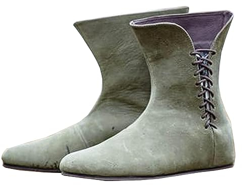 Mittelalterliche Cosplay Stiefel - Retro Gothic Cross Strap PU Leder Kurze Stiefel - Damen Herren Halbhohe Stiefel Schnürstiefel mit Flacher Schnürung - Festival LARP Schuhe - für Cosplay,Grün,44