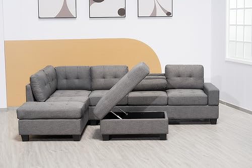Western Grey Fabric Corner Sofa With Cup Holder & Ottoman - L shape High Back Suite For Living Room - Cheap Sofas & Couches-3020 (Left Hand Side)
