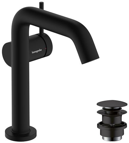 hansgrohe Tecturis S Fine - Waschtischarmatur mit Push-Open Ablauf, energiesparend (CoolStart), Wasserhahn Bad mit Auslauf Höhe 150mm, Mischbatterie Waschbecken wassersparend (EcoSmart+), Mattschwarz