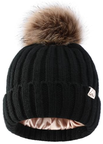 Hat Hut Bonnet Enfant d'hiver Doubles Pompons, Bonnet Doublé en Satin pour Cheveux, bébé Chaud Chapeau Tricoté Doux Beanie Garçons Filles (FR/ES, Alpha/Lettres, Taille Unique, A1-Noir)