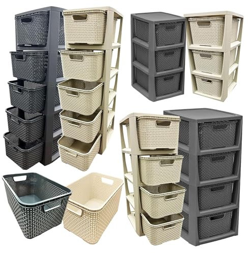 Stylish Home Rattan Plastic Storage Tower Basket Commodes Cream & Grey 3, 4 or 5 Drawer Storage Solution Great For Schools & Offices (4 Drawer GREY, 1 Unit)
