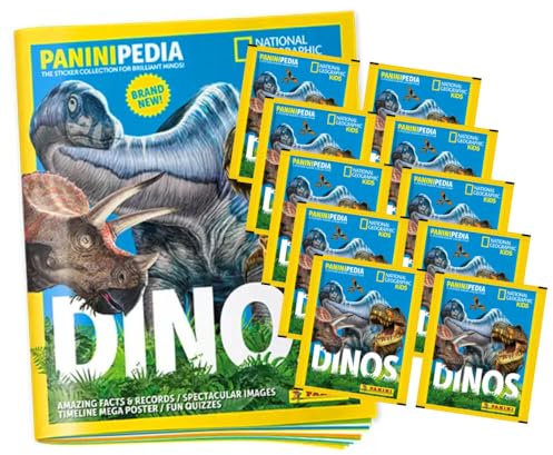 PaniniPedia Dinos Sticker - Dinosaurier Sammelsticker (2023) - Auswahl (1 Album + 10 Tüten)
