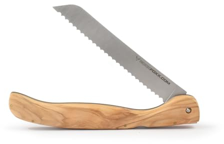 FOXXKNIFE Klappmesser Brotmesser Taschenmesser groß 18,5cm Klinge, ohne Lasergravur, Olivenholzgriff, scharfer Wellenschliff, Ideal für Camping, Offroad, Abenteurer im Wohnmobil, Inkl. Hardbox