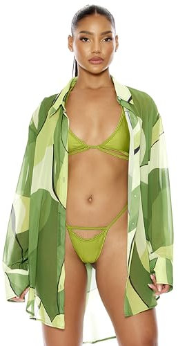 Forplay Women's Yucatan Chiffon Button Up Pool Shirt Swimwear Cover Up, Moss Marble, L