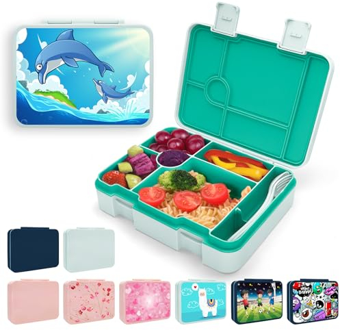 XJIANFU Brotdose mit Fächern,1300ml Auslaufsichere Bento-Box, Kinder-Lunchbox,Auslaufsicher Mit 5 Fächern,Jausenbox Brotbox für,Mädchen & Jungen,Mikrowelle/spülmaschinenfest (Grün-A)