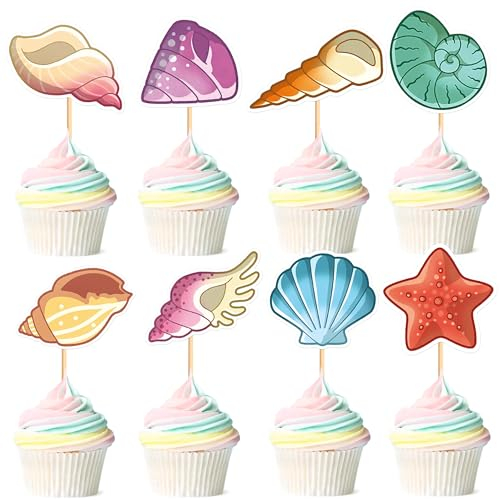 Blumomon 24 Stück Muschel, Seesterne Ozean themed Kuchen Dekoration, Ozean Tier Kuchen Spitze, Urlaub Party Dekoration