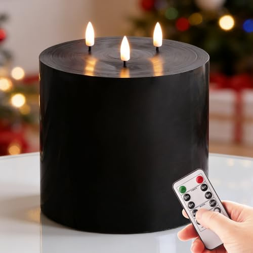 Eywamage 3 Wick Black Large Flameless Pillar Candle with Remote 6x6 inch | Halloween LED Candle Flickering, Triple Wick, Accent Home Decor, 2 AA Battery Powered, Real Wax Coating