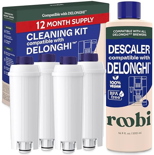 Roobi Compatible DeLonghi Coffee Machine & Espresso Machine Descaler Kit (1 Bottle of Descaling Solution & 4 Water Filters). 1 Year Supply. Carbon Neutral & Eco-Friendly