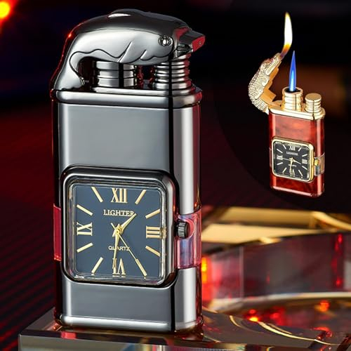 Winddichtes Feuerzeug, Vintage-Uhren-Lünette, Jet-Flammen-Fackel, neues Vintage-Uhren-Feuerzeug, Dual-Flammen-Design, nachfüllbar, Butan, Pferd, Tiger, Drache, Adler, Fackel-Feuerzeuge for den Außenbe