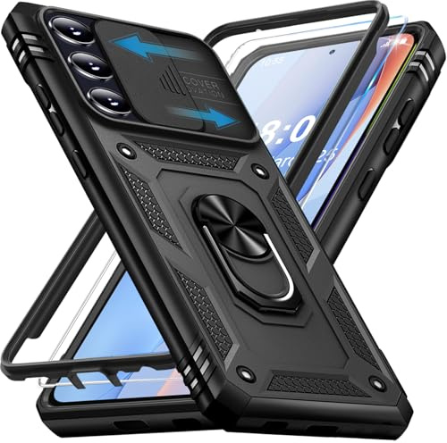 Giyer für Samsung Galaxy A35 5G Hülle mit Schutzfolie, Handyhülle A35 5G Tache mit Kameraschutz 360° Metall Ring Ständer Stoßfest Bumper Schutzhülle Samsung A35 Case Cover (Schwarz)