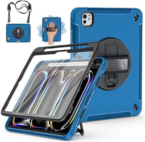 Miesherk Hülle für iPad Pro 11 2024 M4: 3-Schichte robuste stoßfest Case für iPad Pro 11 Zoll 2024 5. Generation mit Displayschutzfolie-Stifthalter-Drehbarer Ständer-Handschlaufe-Schultergurt-Blau