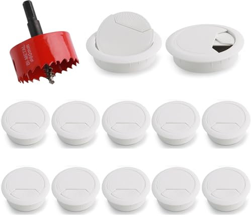 Desk 12 Stück Schreibtisch Kabeldurchführung, mit Lochsäge 60mm Kabeldurchlass, Kabelauslassdose Kabeldurchführung Tisch Rund, für Tisch Büro Arbeitsplatz(Weiß)
