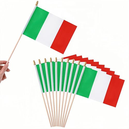 Bâton en Bois - 10 Pièces Petit Drapeau Italien Banniere Mini Drapeau Italie à Manivelle Fanions pour Fête Festival Celebration Anniversaire Mariage Decoration Ecole Jardin 5x8 Pouces 14 X 21 cm