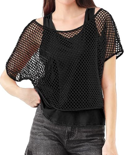 80er 90er Jahre Outfit Damen, Netzoberteil Tank top, Netzshirt Mesh Oberteil, Kostüm 80er Jahre Neon Shirt 80s Aerobic Outfit Off Shoulder Mottoparty Karneval Fasching Kleidung