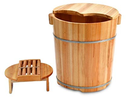 WADRBSW Holzfass-Fußbad, Fußbad, Whirlpool, Fußbadeeimer mit Deckel und Hocker, Fußwanne zum Einweichen der Füße, Holzeimer mit Massagerolle to Pursue Happiness