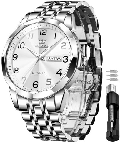 OLEVS Watches for Men Stainless Steel Analog Quartz Diamond Business Luxury Dress Waterproof Luminous Date Casual Mens Wrist Watches