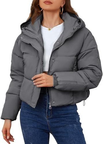 Yimoon Womens Winter Cropped Puffer Jacket Hooded Zip Up Short Warm Quilted Puffer Coat Outerwear, Darkgrey, M