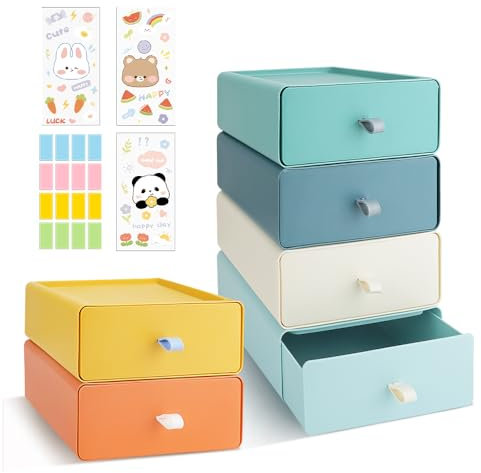 6 PCS Desktop Stackable Organiser, Plastic Storage Boxes with 4 Drawers, Desk Makeup Organizer with 4 Tabs, Small Office Storage for Stationery Makeup, Supplies Bathroom Dorm (6 Colors)