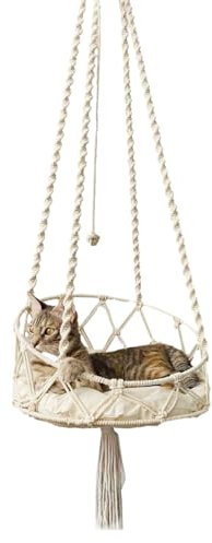 Boho Katzenhängematte – Hängematte Bett Schaukel Boho Katzenbett Makramee Hängebett | Boho Haustierhängebett mit Quaste, Hängematte für Katzen hängend an der Decke gewebt, Korb für Katzen