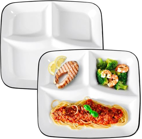 OMISTAR 2Pcs Portion Control Plates, 10 Ceramic Divided Plates for Adults, Rectangles Porcelain Dinner Diet Plate, White Ceramic Plate for Balanced Meals, Diabetes and Weight Loss Diet