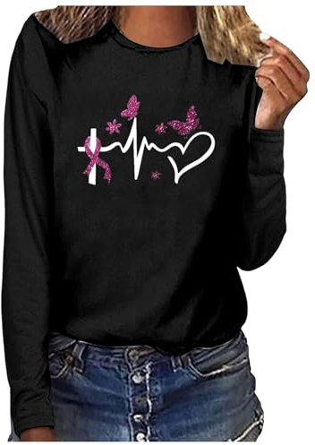 2024 Cancer du Sein Octobre Rose T-Shirt Femme Manches Longues Grande Taille Ruban Rose de Sensibilisation au Cancer du Sein T-Shirt col Rond d'Octobre T-Shirt Sport T-Shirt pour Femmes