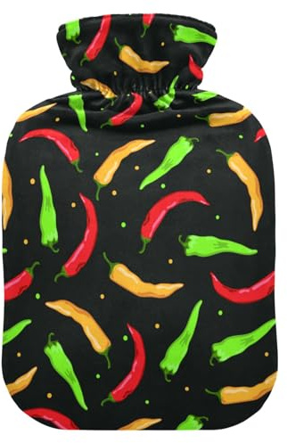Hot Water Bottle with Cover, Chilli Hot Pepper 1L Leakproof Hot Water Bag for Hand Feet Warmer, Neck, Shoulder, Back, Muscle Pain Relief, Cold Compress