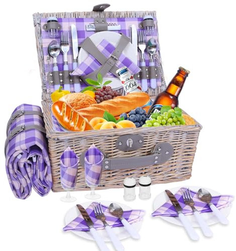 HYBDAMAI Picknickkorb Set für 4 Person mit Kühlfach und wasserdichte Picknickdecke, Abnehmbarer Riemen, Besteck Set, für Camping, Strand, Wandern, BBQ und Familie/Paare Geschenke, Zubehör