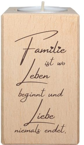 Teelichthalter mit Spruch Familie ist wo das Leben beginnt und Liebe Niemals endet - Sprüche Deko aus Holz mit Teelicht, als Geschenk für Familie, Kerzenständer Holz für gemütliche Stunden