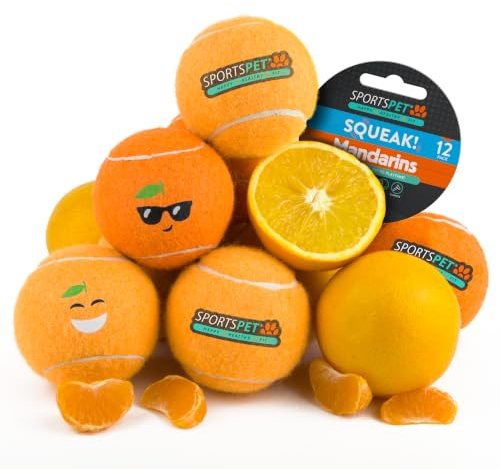 SPORTSPET Squeak Mandarin Tennis Dog Balls, PACK OF 12 (64mm) | Extra Bouncy, Non Toxic, Durable, Long Lasting, Floats, squeaky tennis balls for dogs, squeaky dog balls, squeak ball dog