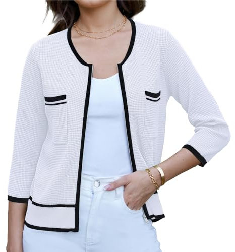 GRACE KARIN Ladies Crew Neck Loose Fit Knitwear Long Sleeves Wedding Vacation Knitted Cardigan Shrug with Dress Rock White L