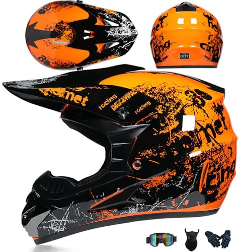 PAESCOY Motorradhelm Cross Damen Herren Full Face MTB Helm Motocross Helm DOT/ECE-Zertifizierter Mit Schutzbrillen Maske Handschuhe Downhill Helm Mopedhelm Schutzhelm Für Cruiser Chopper,Orange/B-S