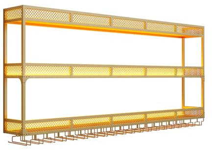 Modern Wine Rack Wall Mounted With LED Light Iron Bar Liquor Shelf Modern Metal Hanging Wine Bottle & Glass Holder Bar Bottle Display Shelf Wine Cups Hanging Holder For Kitchen Living Room(Gold-3 tier