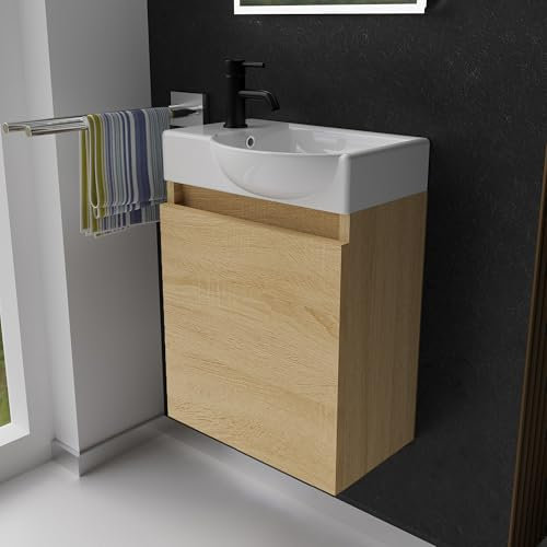 Alpenberger Gäste WC Waschbecken mit Unterschrank | Kleines Badmöbel 45 cm Breit | Waschtisch mit Waschbeckenunterschrank (Eiche Hell, Waschbecken - Rechte Seite)