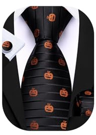 Barry.Wang Halloween Ties Mens Pumpkin Tie Fun Gold Neckties Handkerchief Cufflinks Party Festival