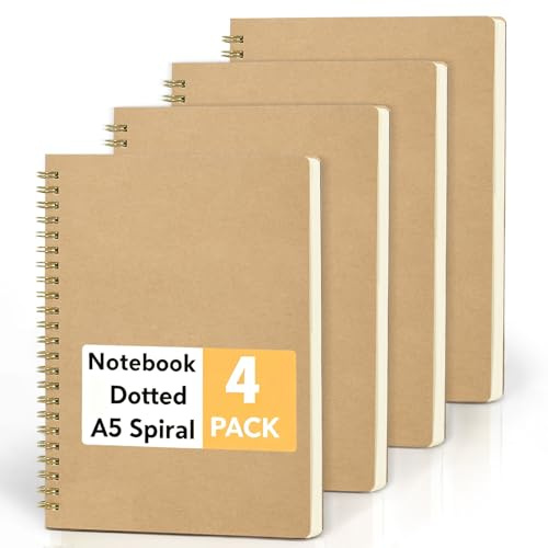 JSQJ Notizbuch A5 Dotted, 4 Pack Spiral Bullet Journal, 80 Blatt Notizblock | Punktraster 5mm + 80gsm + Cremefarbenes Papier Augenschonend / Goldene Spiralbindung / DIY Kraftpapier-Cover für Schule, Büro
