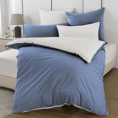 Nesture Bettwäsche 135x200 Baumwolle 2teilig, Denim Blue/Weiß | 100% Baumwolle, gewaschene Leinenoptik, 1x Bettbezug 135x200 + 1x Kissenbezug 80x80cm, Bettwäsche-Sets, Weich & atmungsaktiv