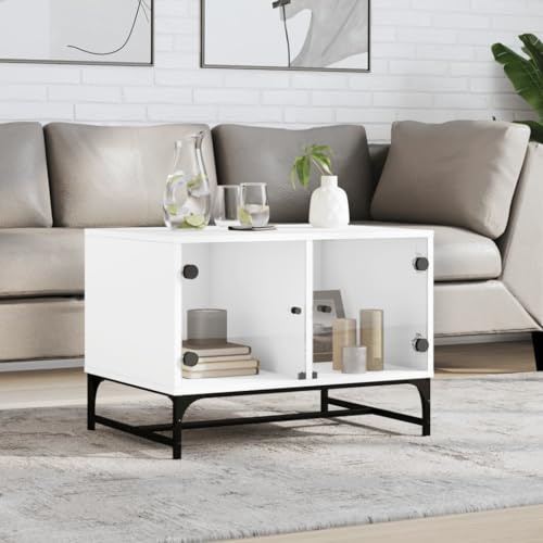 Holamys Couchtisch Weiß 68,5x50x50 cm, Holzwerkstoff, Glas, mit Staufach, stabile Tischplatte, für Wohnzimmer, Moderner Beistelltisch