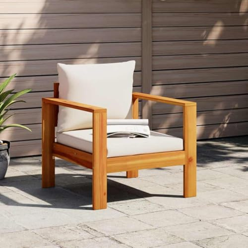 Mandloder Gartensessel Massivholz Akazie, geölt, mit cremeweißen Kissen, 68x68x64 cm, für Balkon, Terrasse, Garten, robust und witterungsbeständig, 110 kg Tragfähigkeit