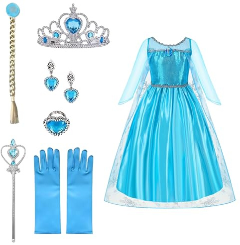 GWAWG Mädchen Prinzessin Kostüm, Kostüm Accessoires mit Krone Diadem Handschuhe Zauberstab für Weihnachten Verkleidung Karneval Halloween (120CM)