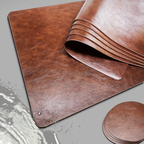 Platzdeckchen Abwaschbar mit Untersetzer, Hochwertige Tischsets Platzsets Abwaschbar 6er Set, Platzset Leder Braun, Tisch Untersetzer Set Kunstleder rutschfest-Wasserdicht, Tisch Sets für Esstisch