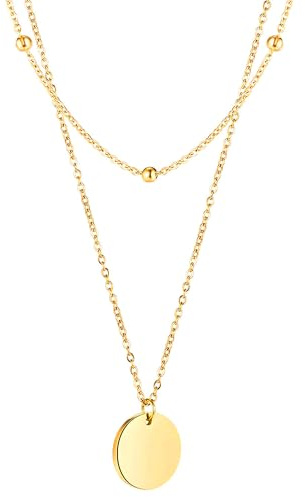 Löb 750 Gold vergoldet Edelstahl Halskette Kreis Anhänger Mehrreihig Damen Kette Platte Kugeln Modern Minimalistisch Geometrisch Plättchen