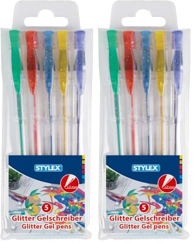 Stylex 43833 - Gelschreiber, 5 Gelstifte im Set, sortiert in 5 Glitterfarben, Strichstärke 1 mm, zum Schreiben, Malen und Verzieren (Packung mit 2)