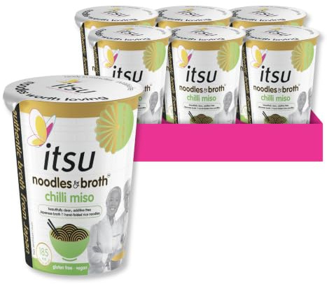 itsu chilli miso instant noodles & broth pot 65g | Instant Noodles Snack Multipack | Quick-to-Make Snack | Gluten free | Vegan | Pack of 6