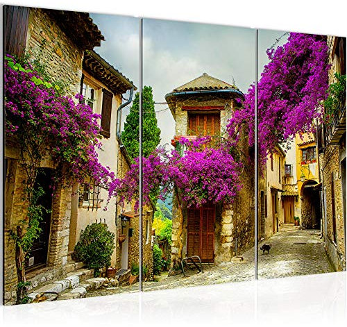 Runa Art Wandbilder Blumen Toskana Bild XXL Wohnzimmer Schlafzimmer Flieder Italienische Gasse 120 x 80 cm 3 Teilig 607731b